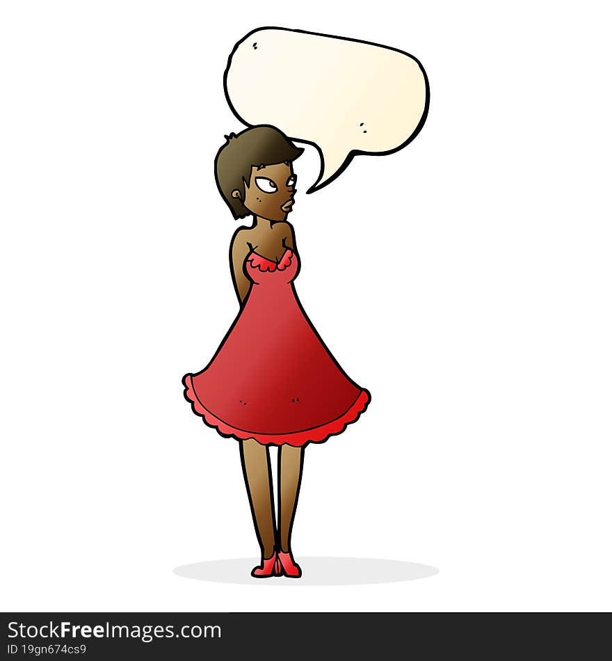 cartoon pretty woman in dress with speech bubble