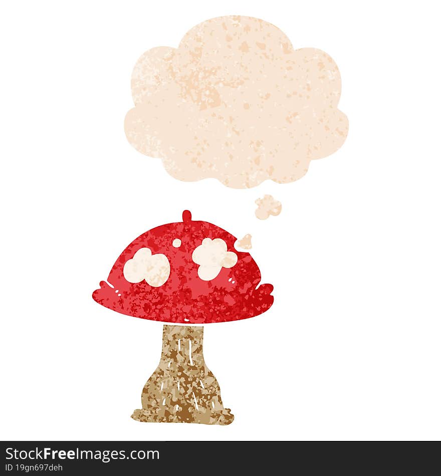 cartoon mushroom with thought bubble in grunge distressed retro textured style. cartoon mushroom with thought bubble in grunge distressed retro textured style