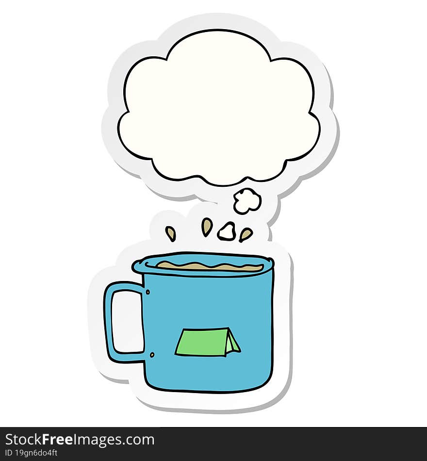 cartoon camping mug with thought bubble as a printed sticker