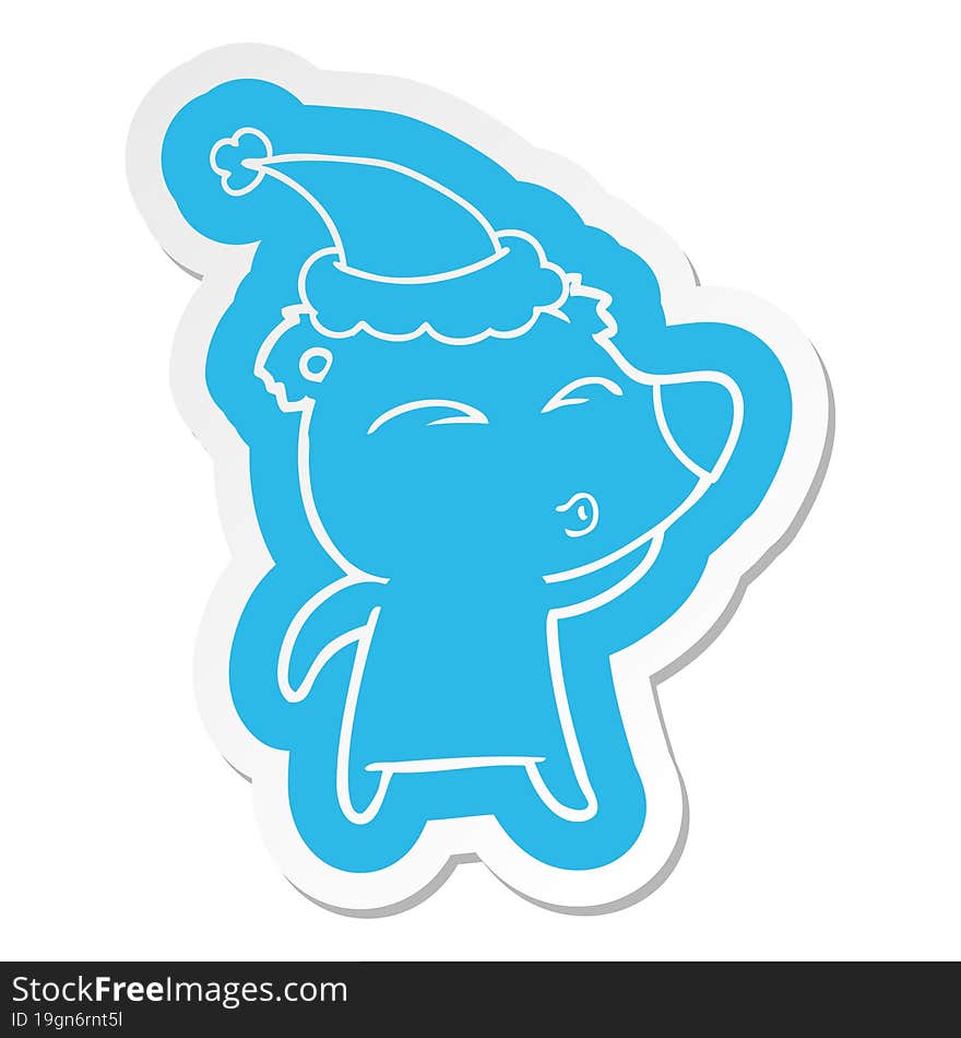 Cartoon  Sticker Of A Whistling Bear Wearing Santa Hat