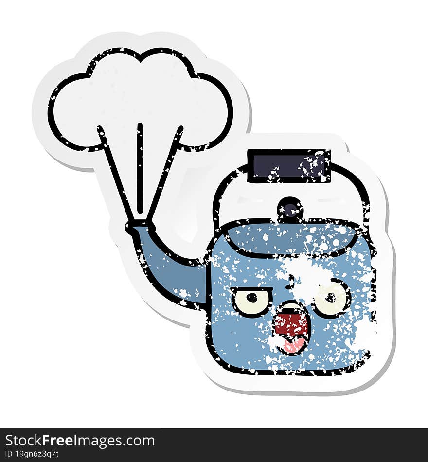 distressed sticker of a cute cartoon steaming kettle