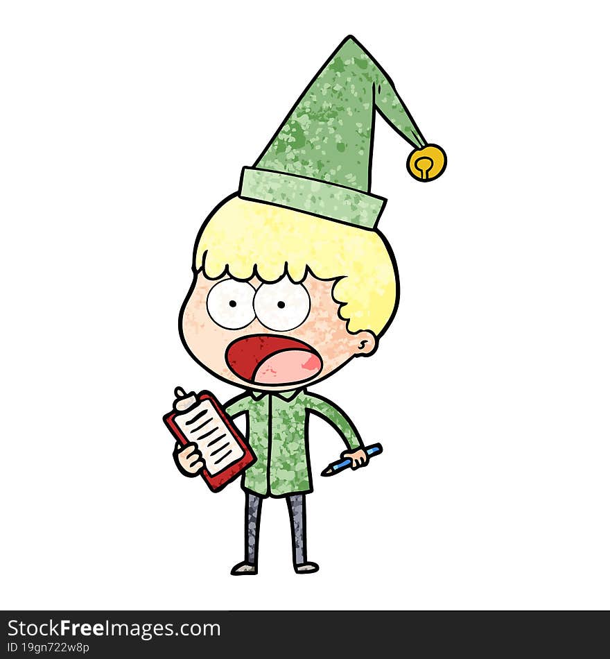 cartoon shocked xmas elf with clipboard and pen. cartoon shocked xmas elf with clipboard and pen