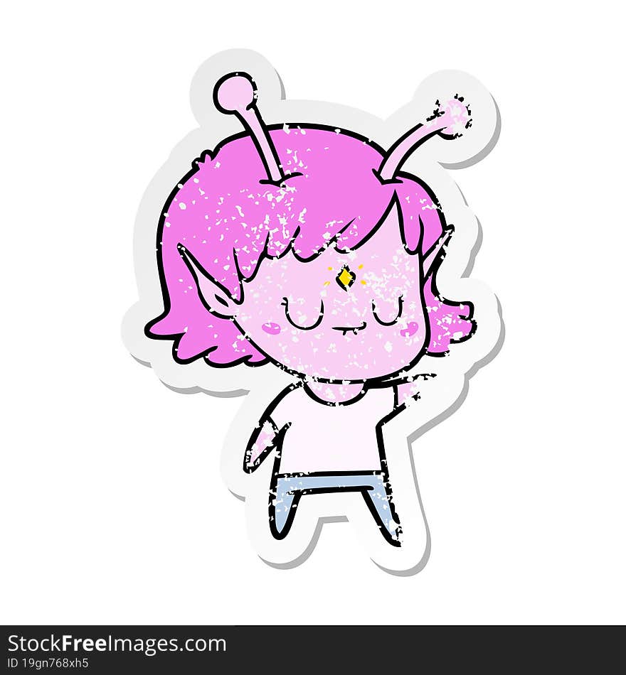 distressed sticker of a cartoon alien girl