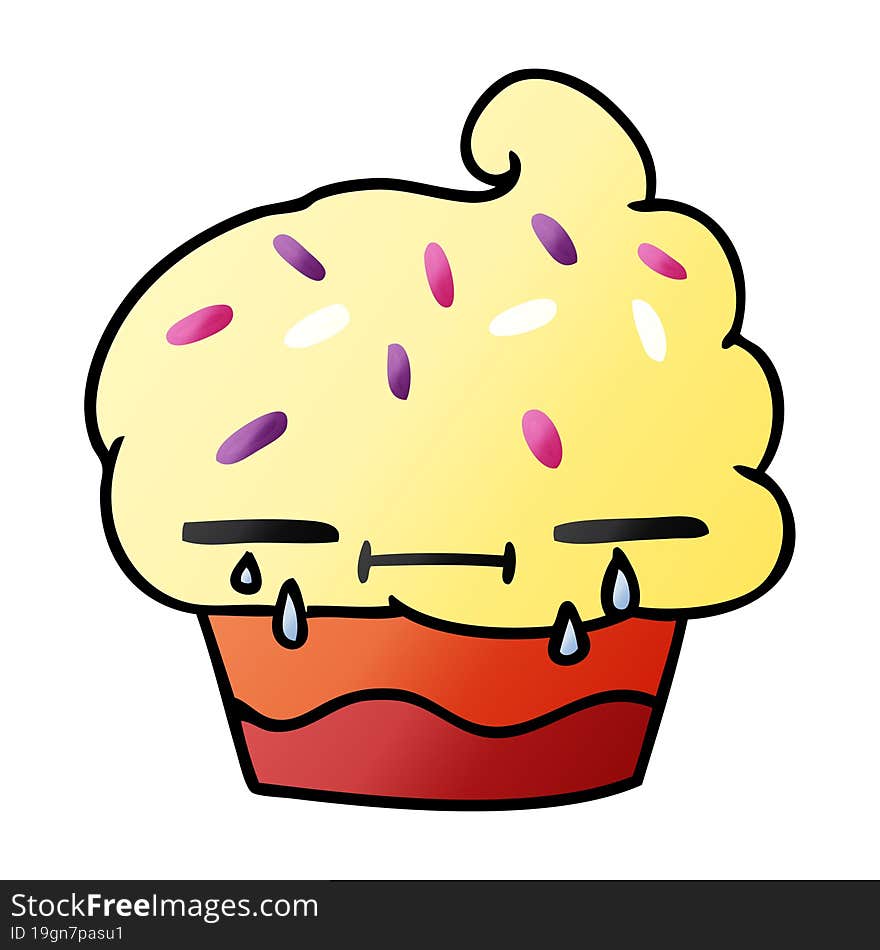 freehand drawn gradient cartoon of a crying cupcake