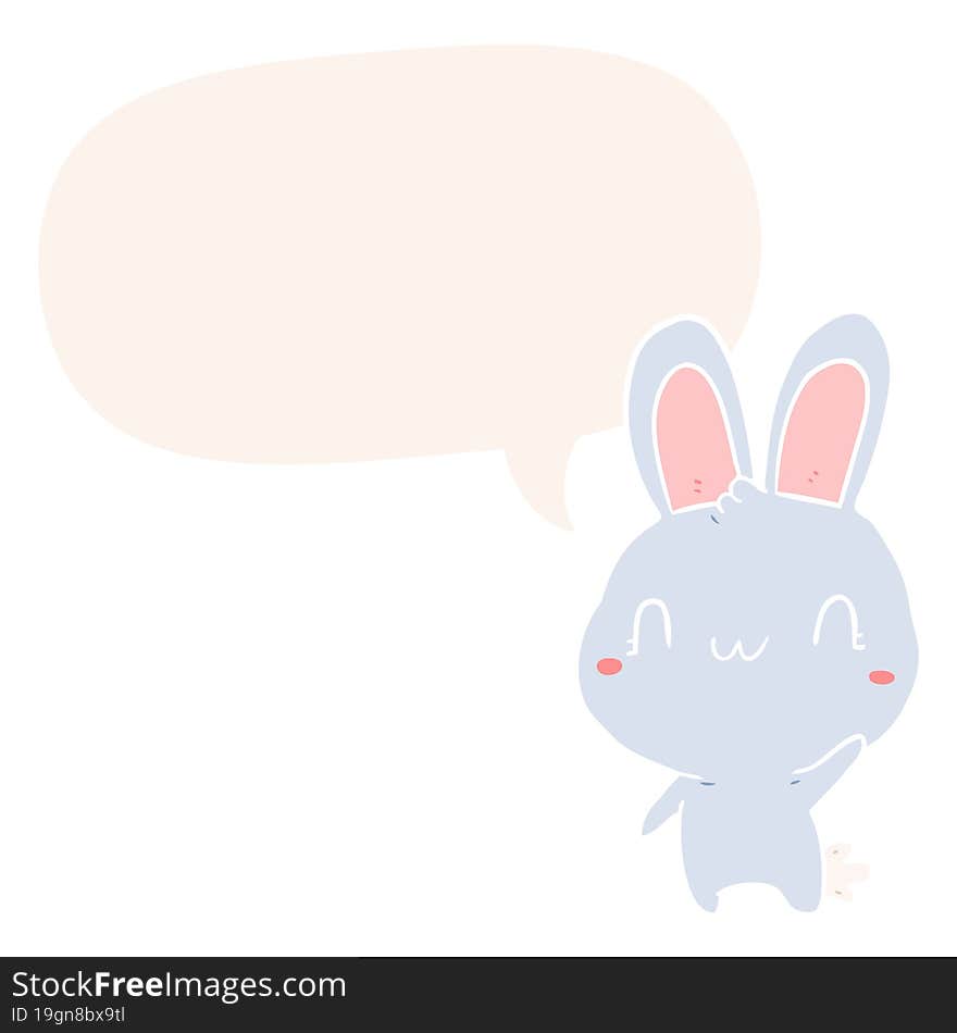 cute cartoon rabbit waving and speech bubble in retro style