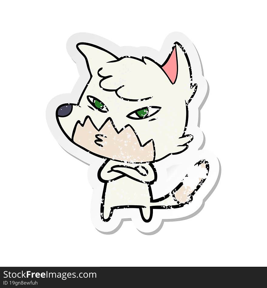 distressed sticker of a clever cartoon fox