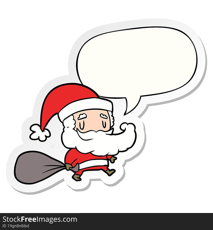 Cartoon Santa Claus Carrying Sack Of Presents And Speech Bubble Sticker