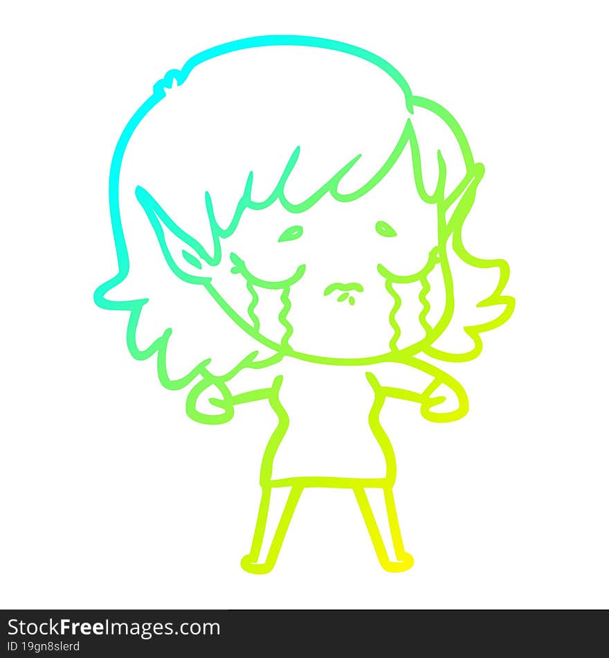 Cold Gradient Line Drawing Cartoon Crying Elf Girl