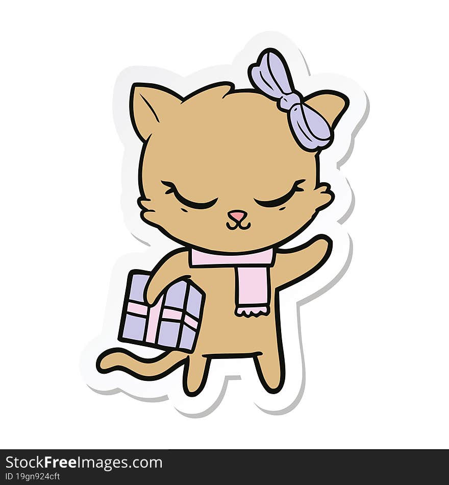 Sticker Of A Cute Cartoon Cat With Present