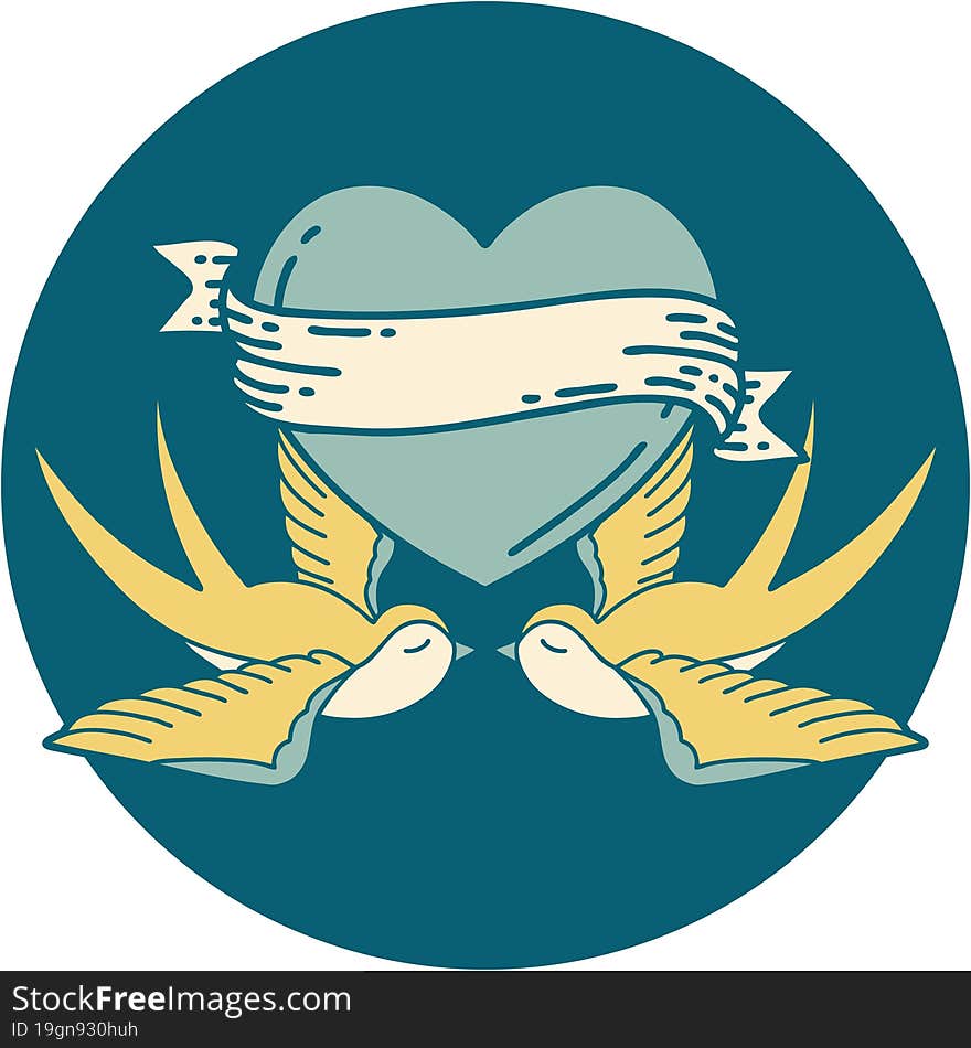 Tattoo Style Icon Of A Swallows And A Heart With Banner