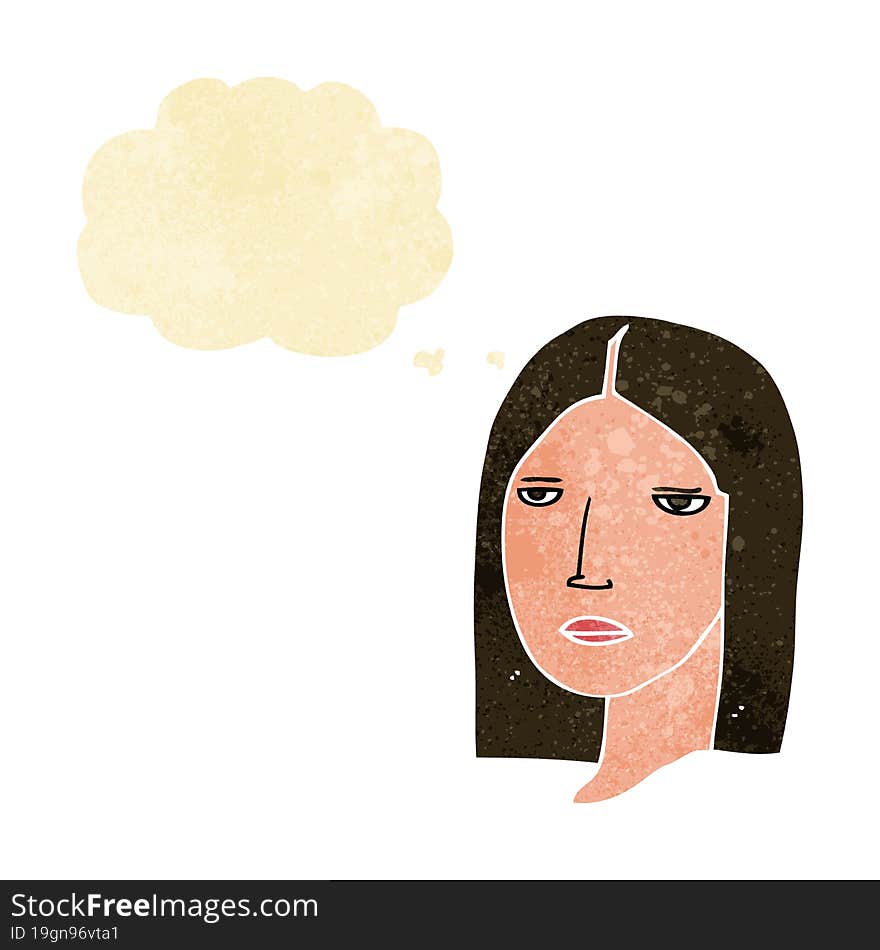 cartoon serious woman with thought bubble