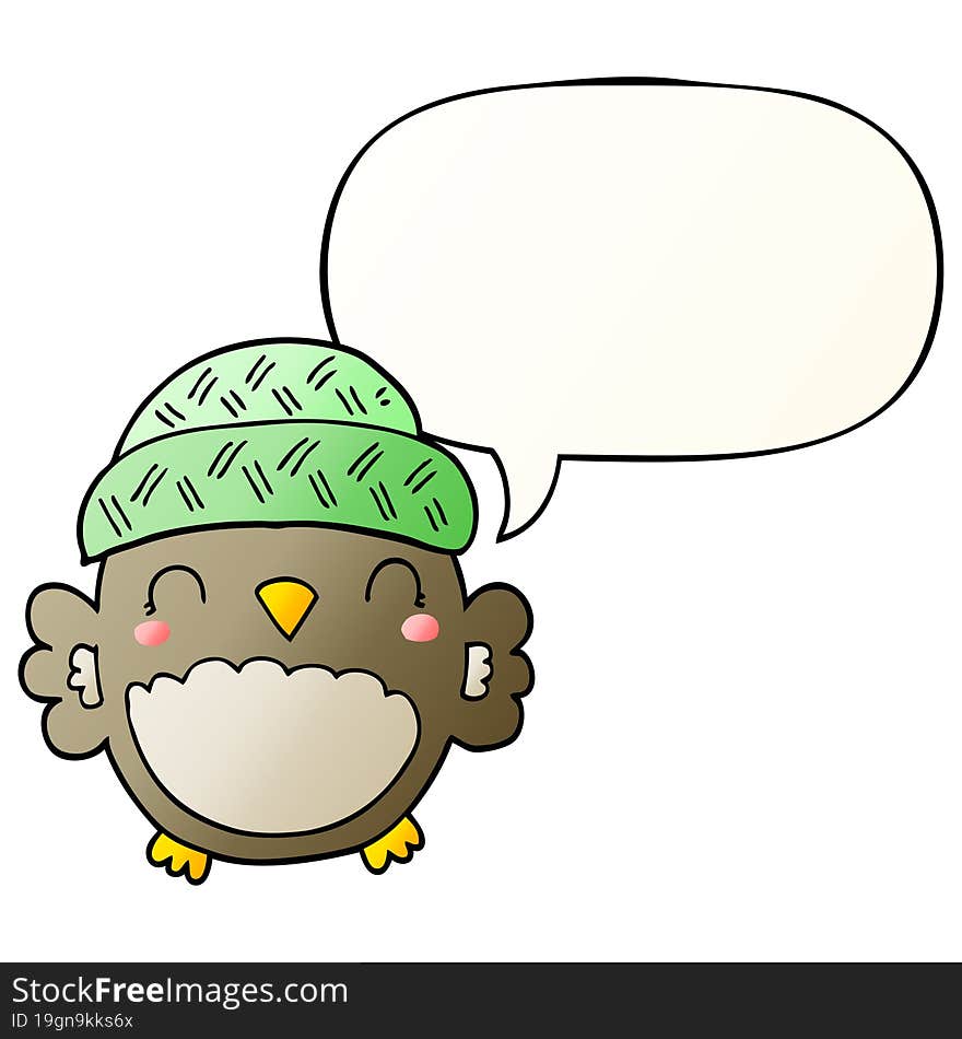 Cute Cartoon Owl In Hat And Speech Bubble In Smooth Gradient Style