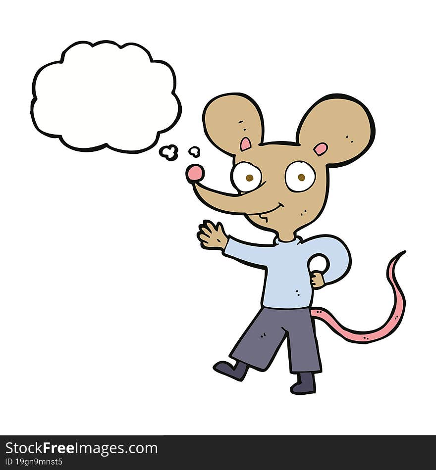 cartoon waving mouse with thought bubble