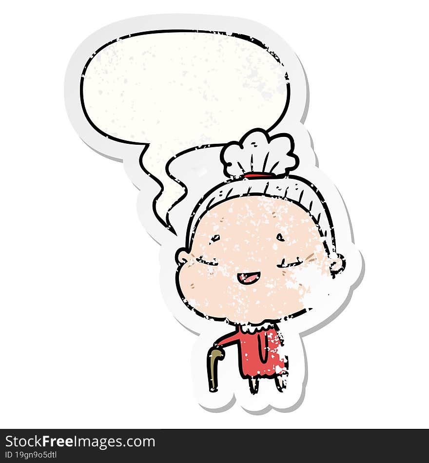 Cartoon Old Woman And Walking Stick And Speech Bubble Distressed Sticker