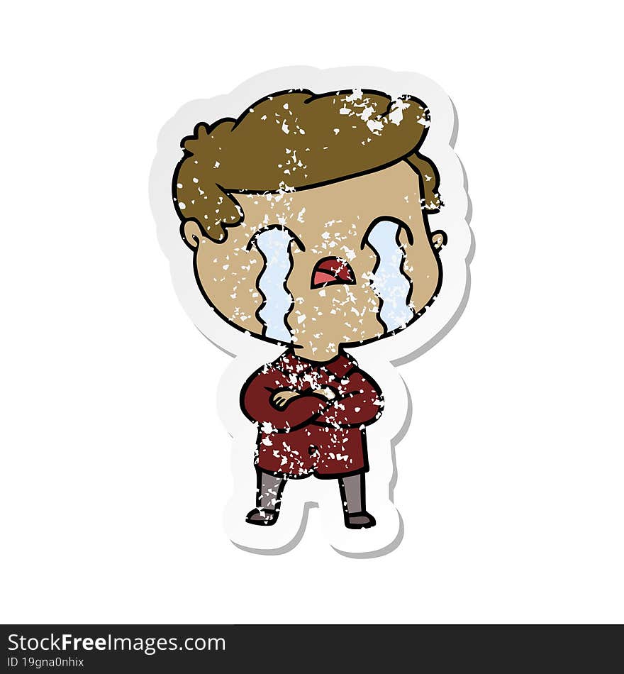 distressed sticker of a cartoon man crying