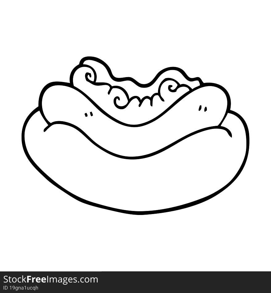 line drawing cartoon hotdog in a bun