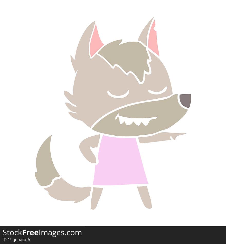 friendly flat color style cartoon wolf girl pointing