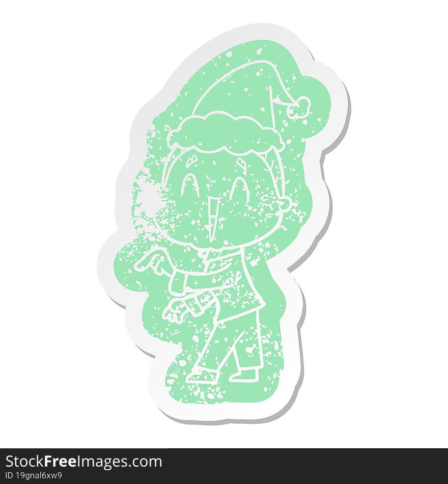 quirky cartoon distressed sticker of a happy old lady wearing santa hat