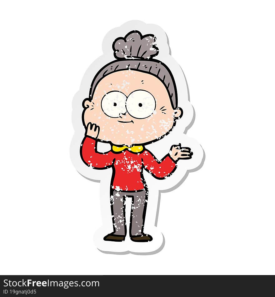 distressed sticker of a cartoon happy old woman