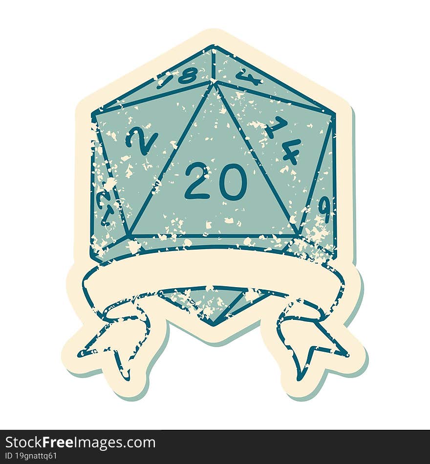 Retro Tattoo Style natural 20 critical hit D20 dice roll. Retro Tattoo Style natural 20 critical hit D20 dice roll