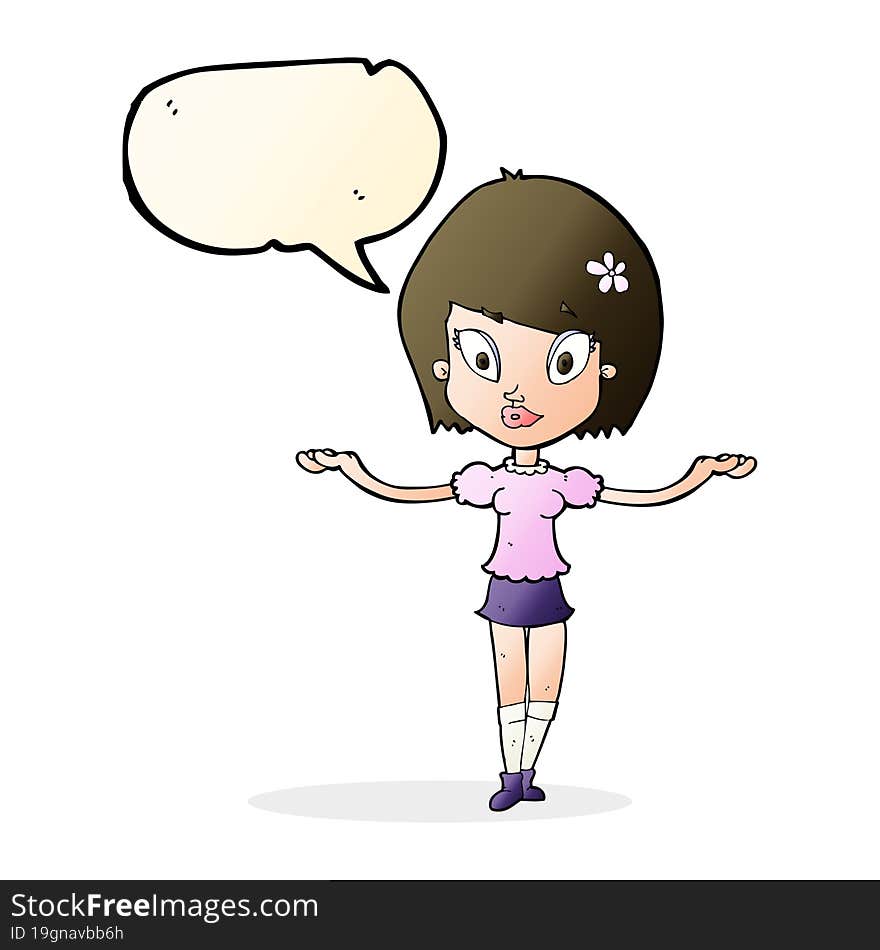 cartoon woman making balancing gesture with speech bubble