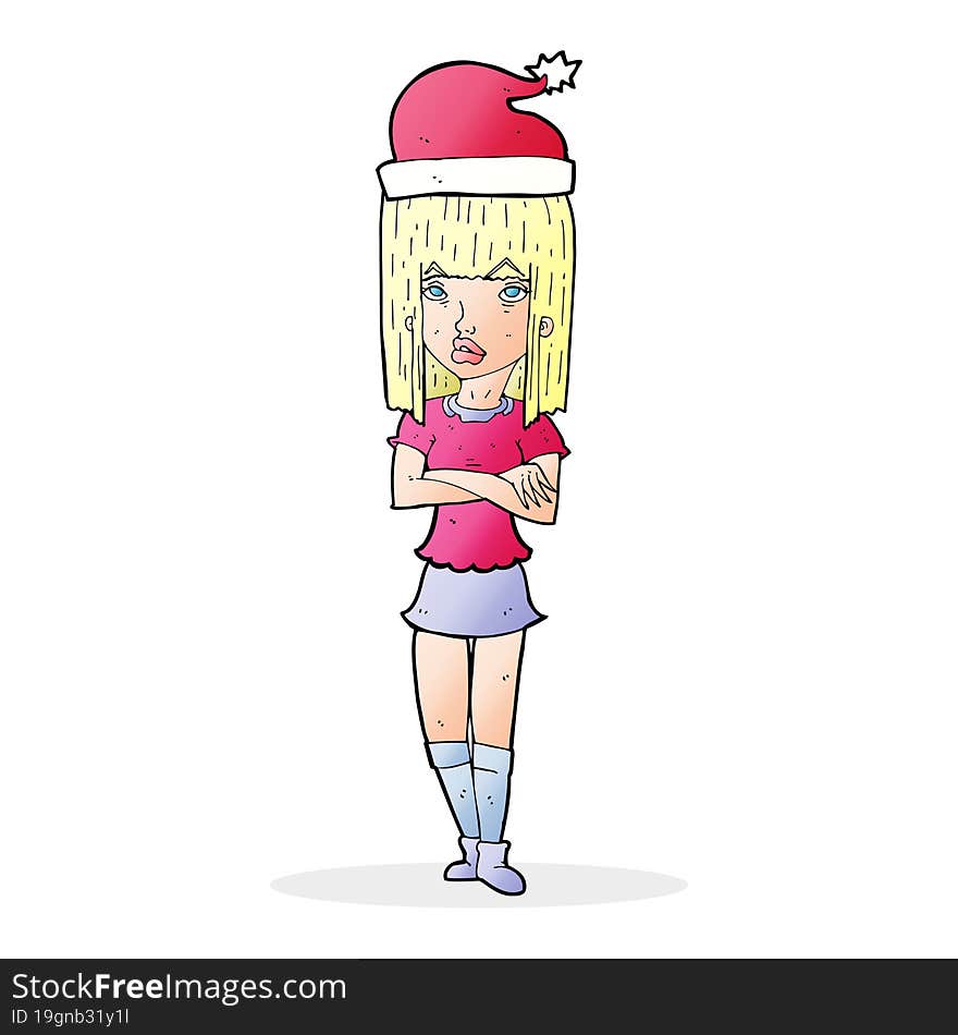 cartoon woman in christmas hat with folded arms