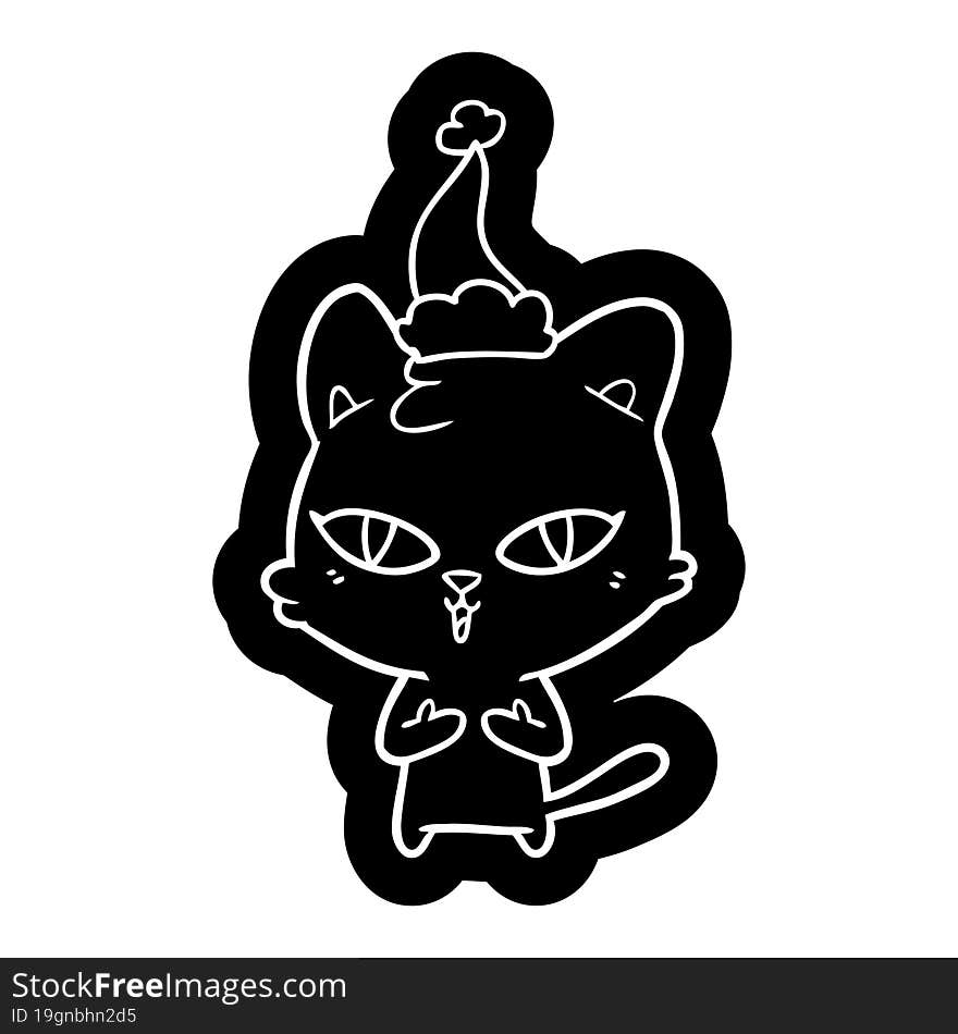 quirky cartoon icon of a cat wearing santa hat