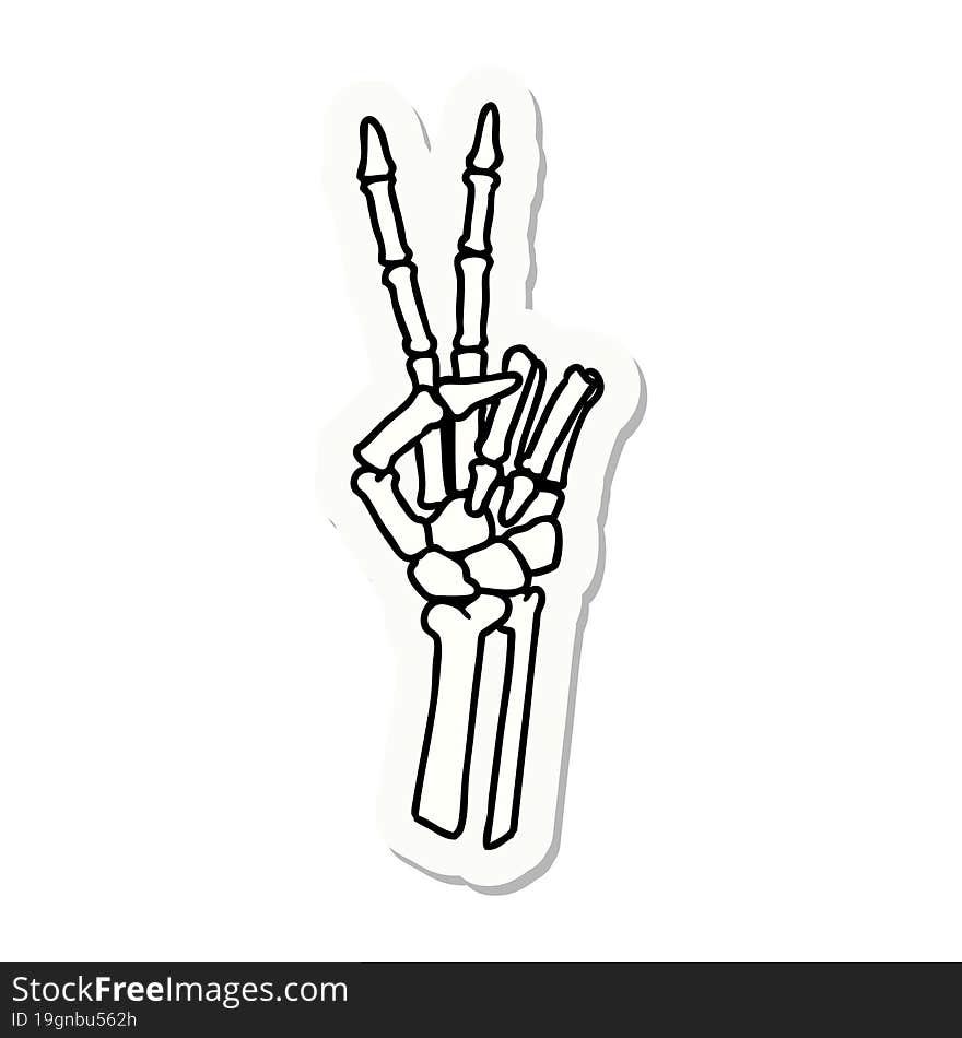 tattoo style sticker of a skeleton hand giving a peace sign