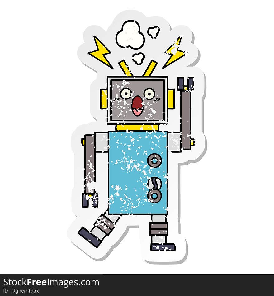 Distressed Sticker Of A Cute Cartoon Malfunctioning Robot