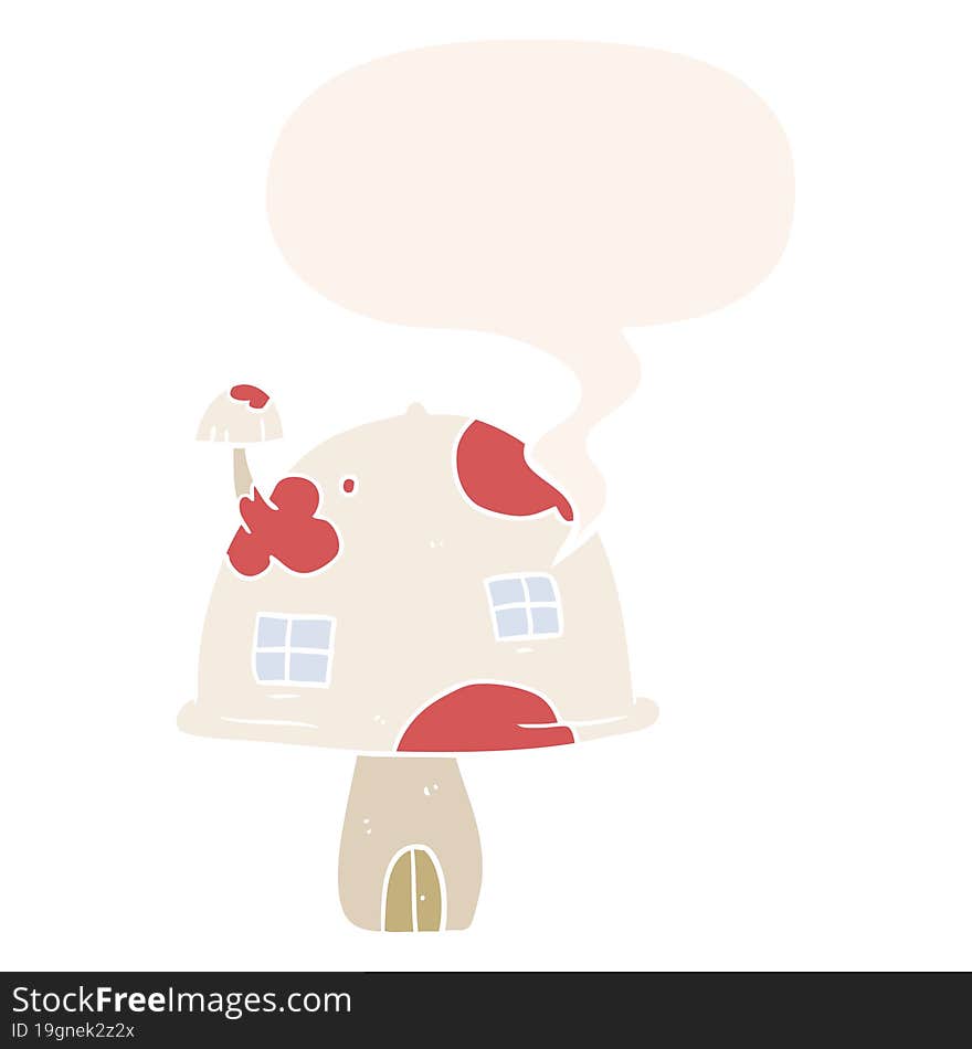 cartoon fairy mushroom house with speech bubble in retro style