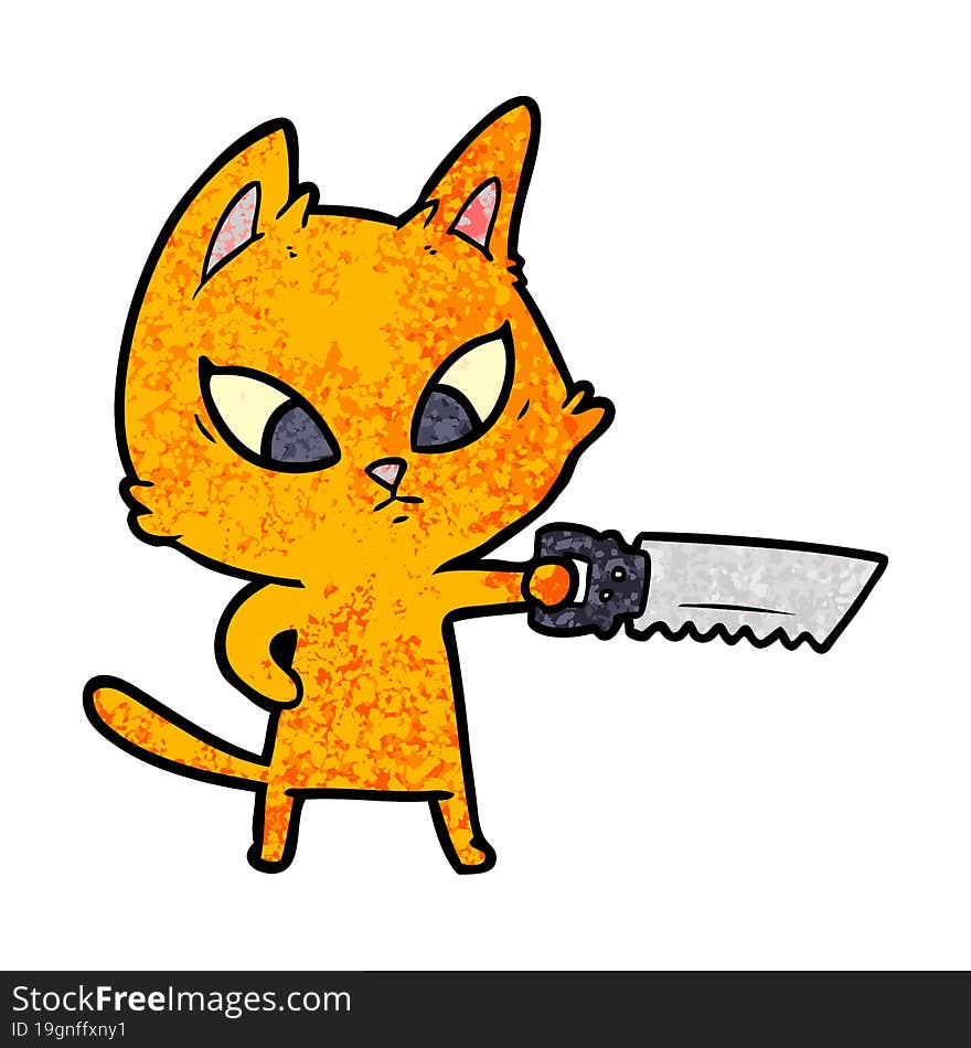 confused cartoon cat with saw. confused cartoon cat with saw