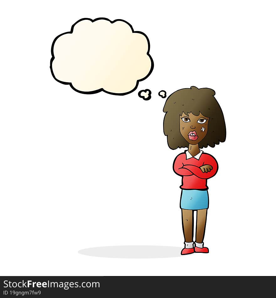 cartoon tough woman with folded arms with thought bubble