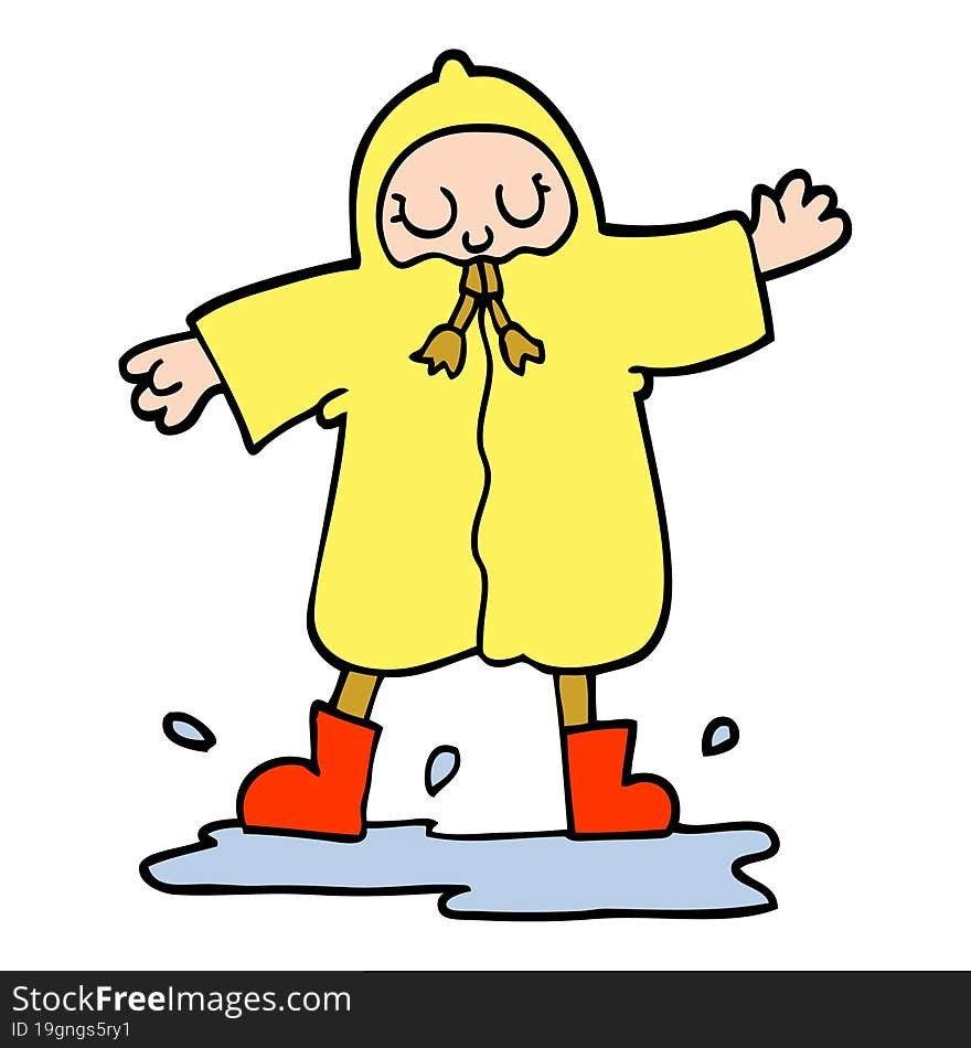 hand drawn doodle style cartoon person splashing in puddle wearing rain coat