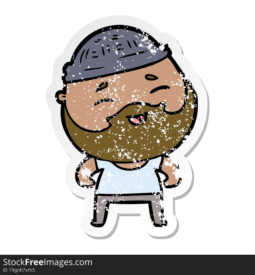 distressed sticker of a cartoon happy bearded man