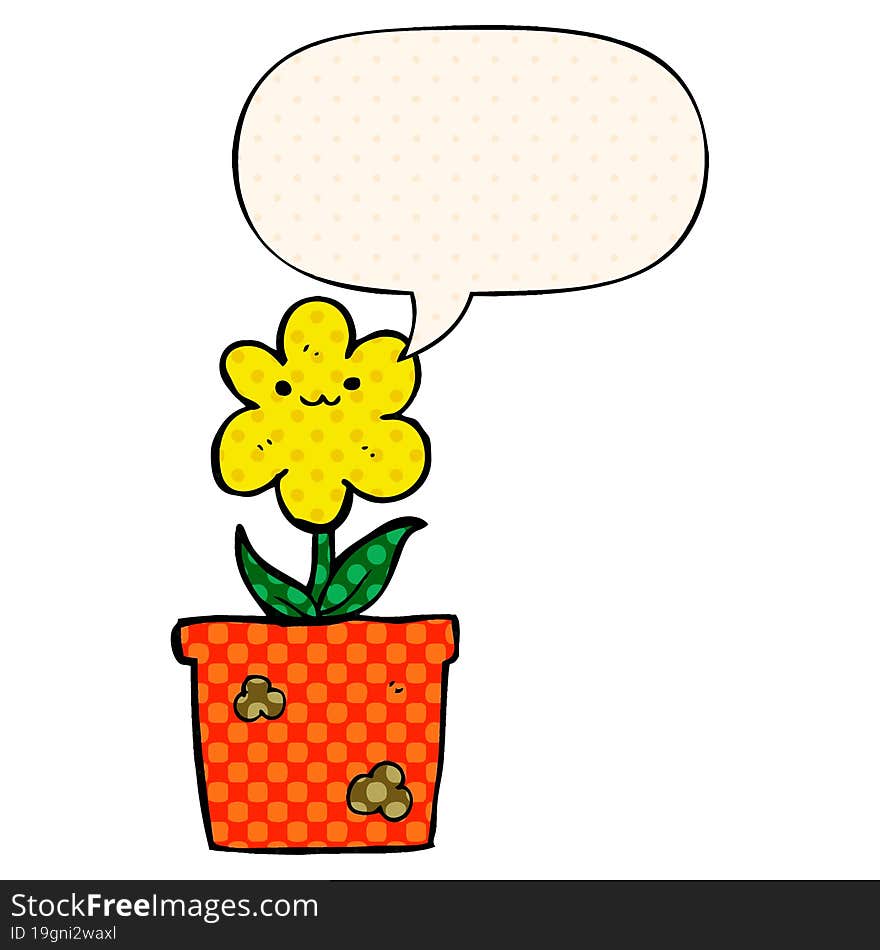 cartoon house plant and speech bubble in comic book style