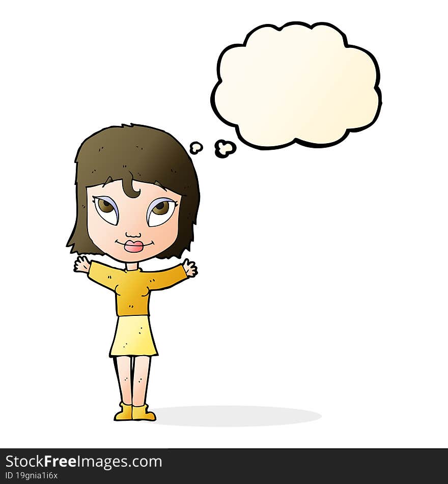 cartoon woman with open arms with thought bubble