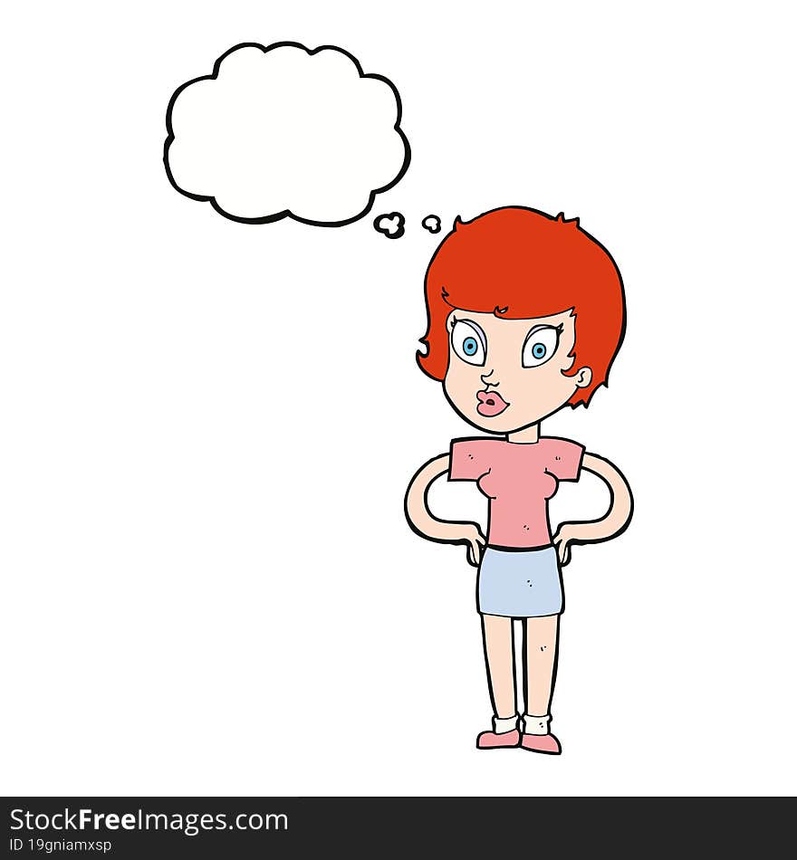 cartoon woman with hands on hips with thought bubble