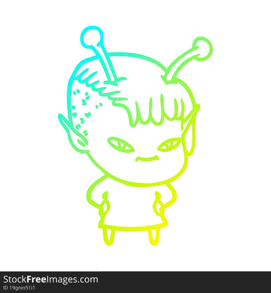 cold gradient line drawing of a cute cartoon alien girl