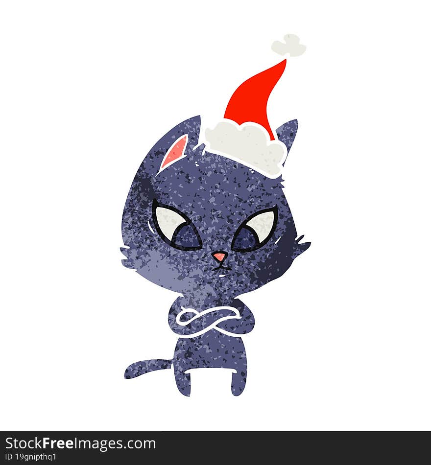 confused retro cartoon of a cat wearing santa hat