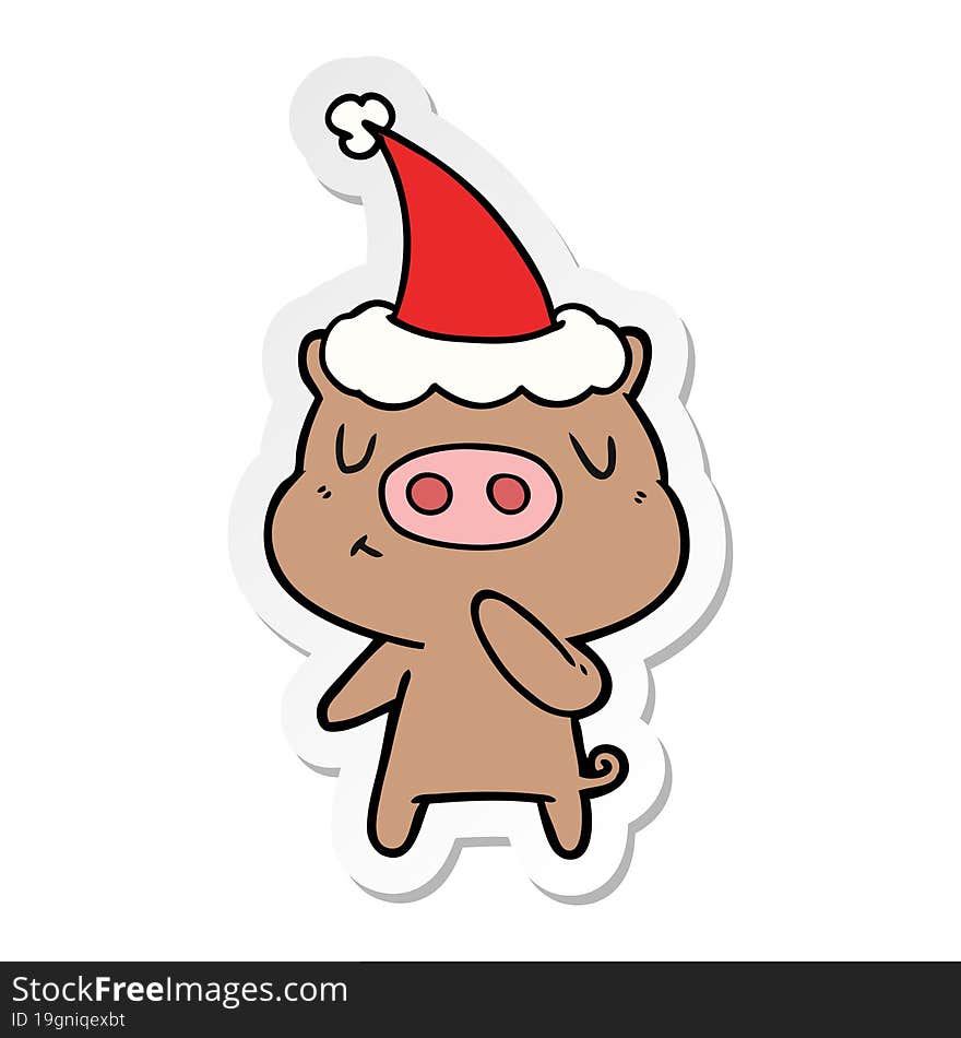 sticker cartoon of a content pig wearing santa hat