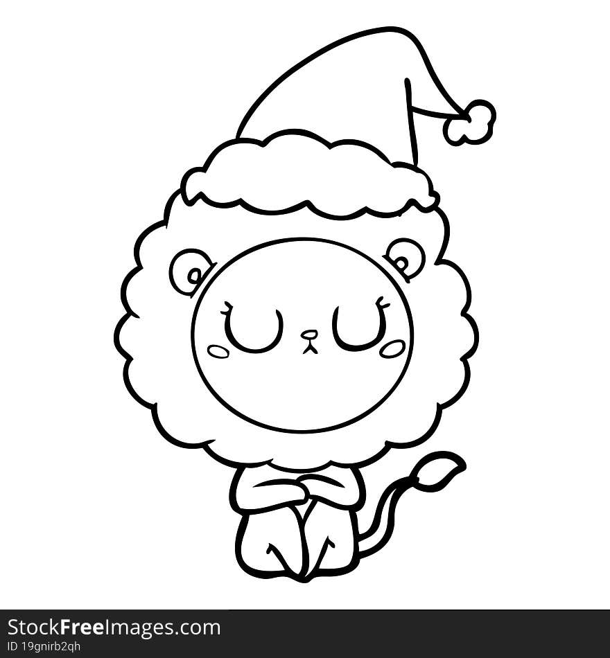 line drawing of a lion wearing santa hat