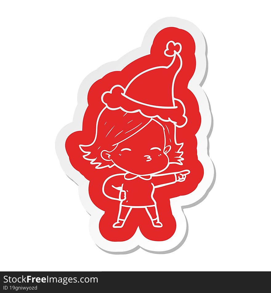 Cartoon  Sticker Of A Woman Pointing Wearing Santa Hat