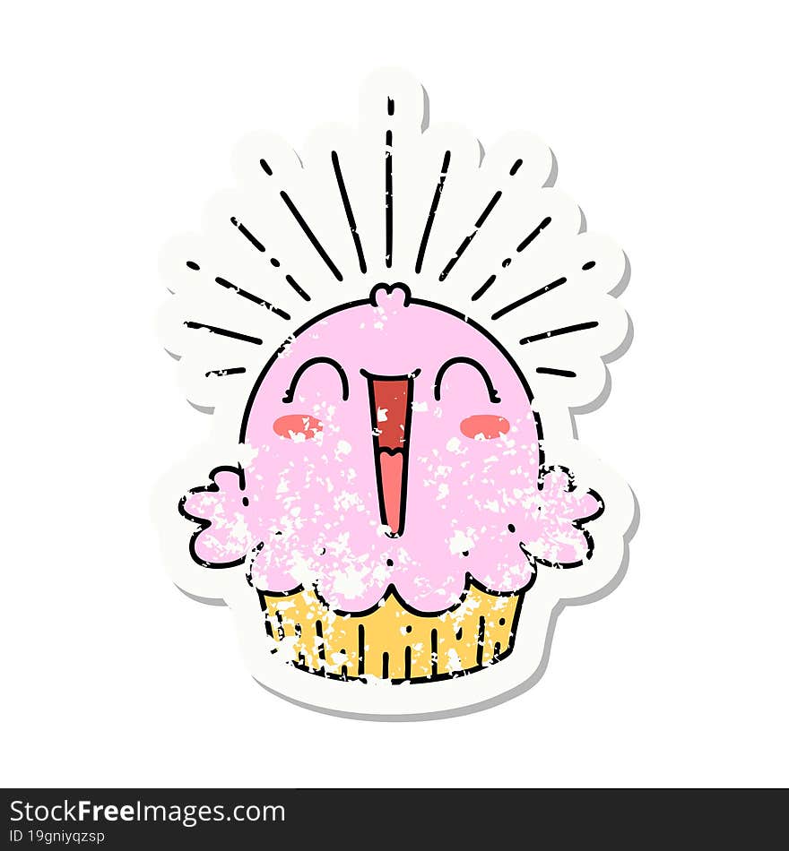 grunge sticker of tattoo style happy singing cupcake