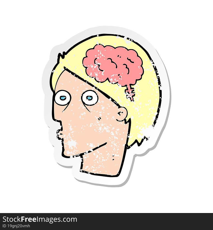 Retro Distressed Sticker Of A Cartoon Head With Brain Symbol