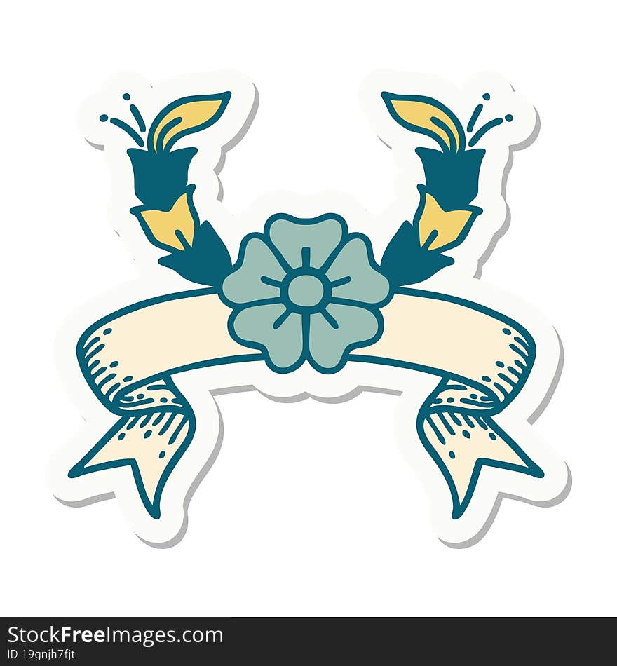 tattoo style sticker with banner of a decorative flower