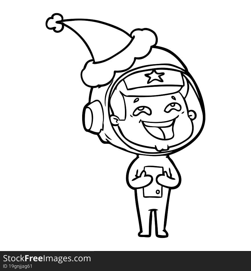 Line Drawing Of A Laughing Astronaut Wearing Santa Hat