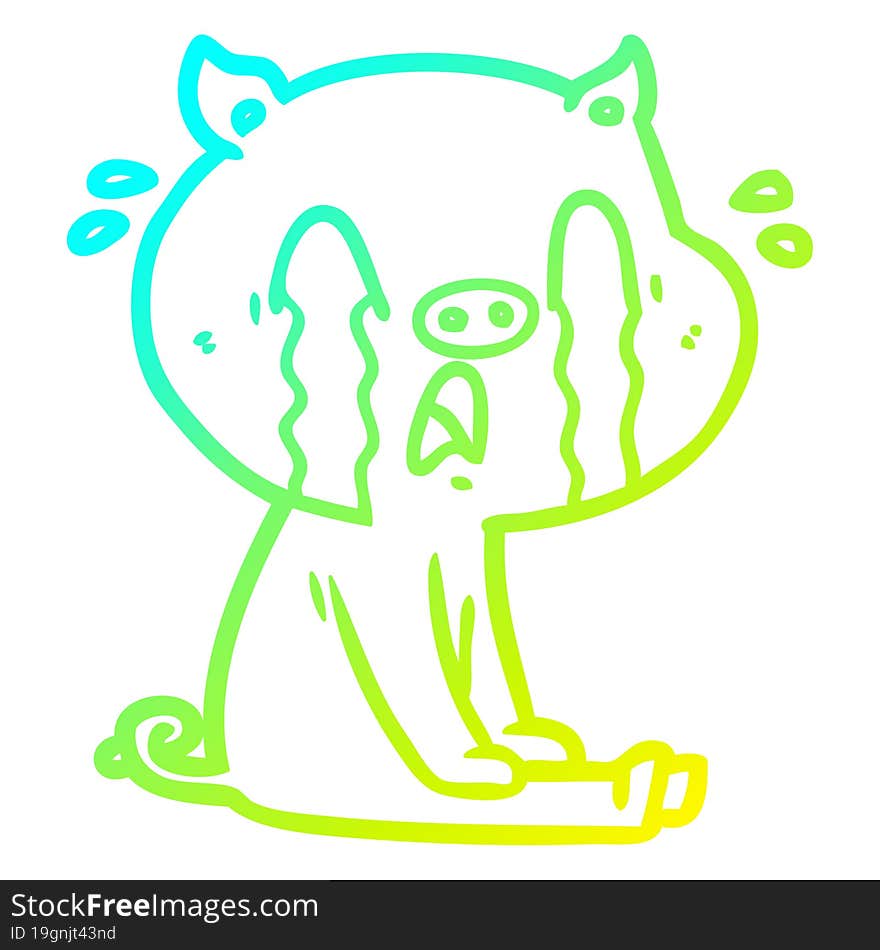 cold gradient line drawing of a crying pig cartoon