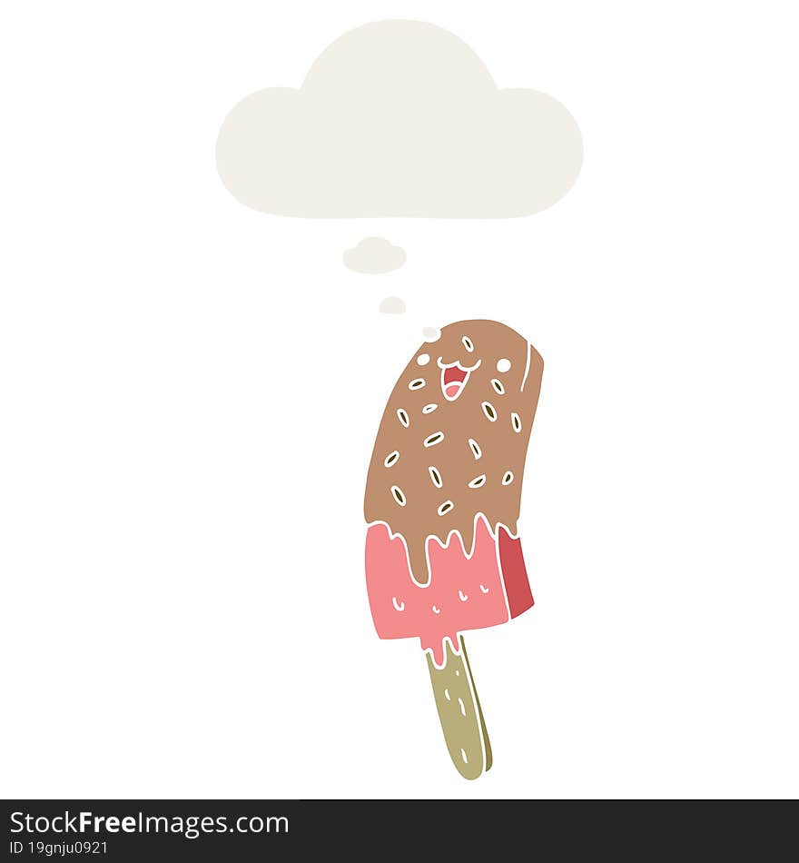 cute cartoon happy ice lolly and thought bubble in retro style