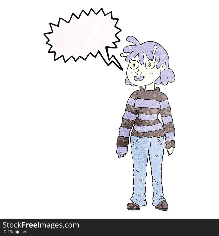 freehand speech bubble textured cartoon casual alien girl