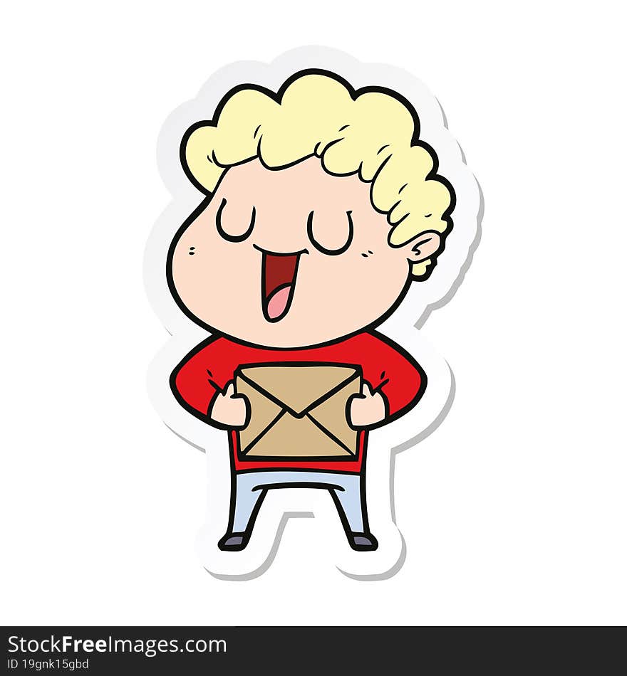 sticker of a laughing cartoon man with parcel